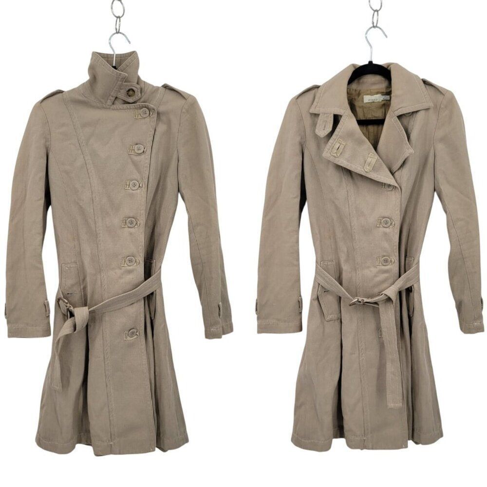 Pinko Womens Beige Belted Trench Coat Sz S Button Closure High Collar Military